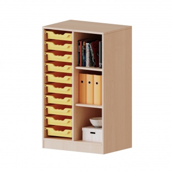 ErgoTray Regal, 2reihig, 3 OH, fahrbar, rechts 3 Fächer, links 10 flache Boxen, B/H/T 70,3x118x40cm 